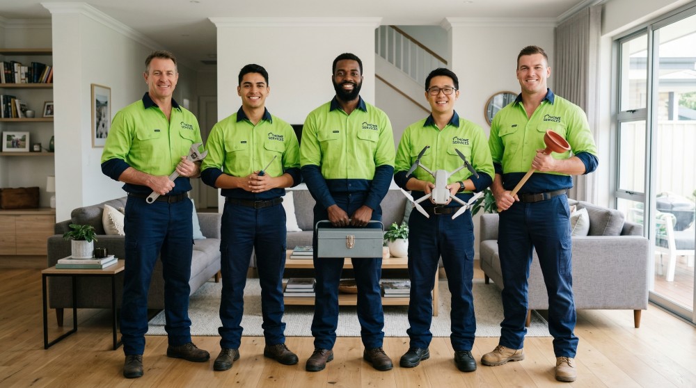 a group of 5 workman standing and facing the camer delpmaspu